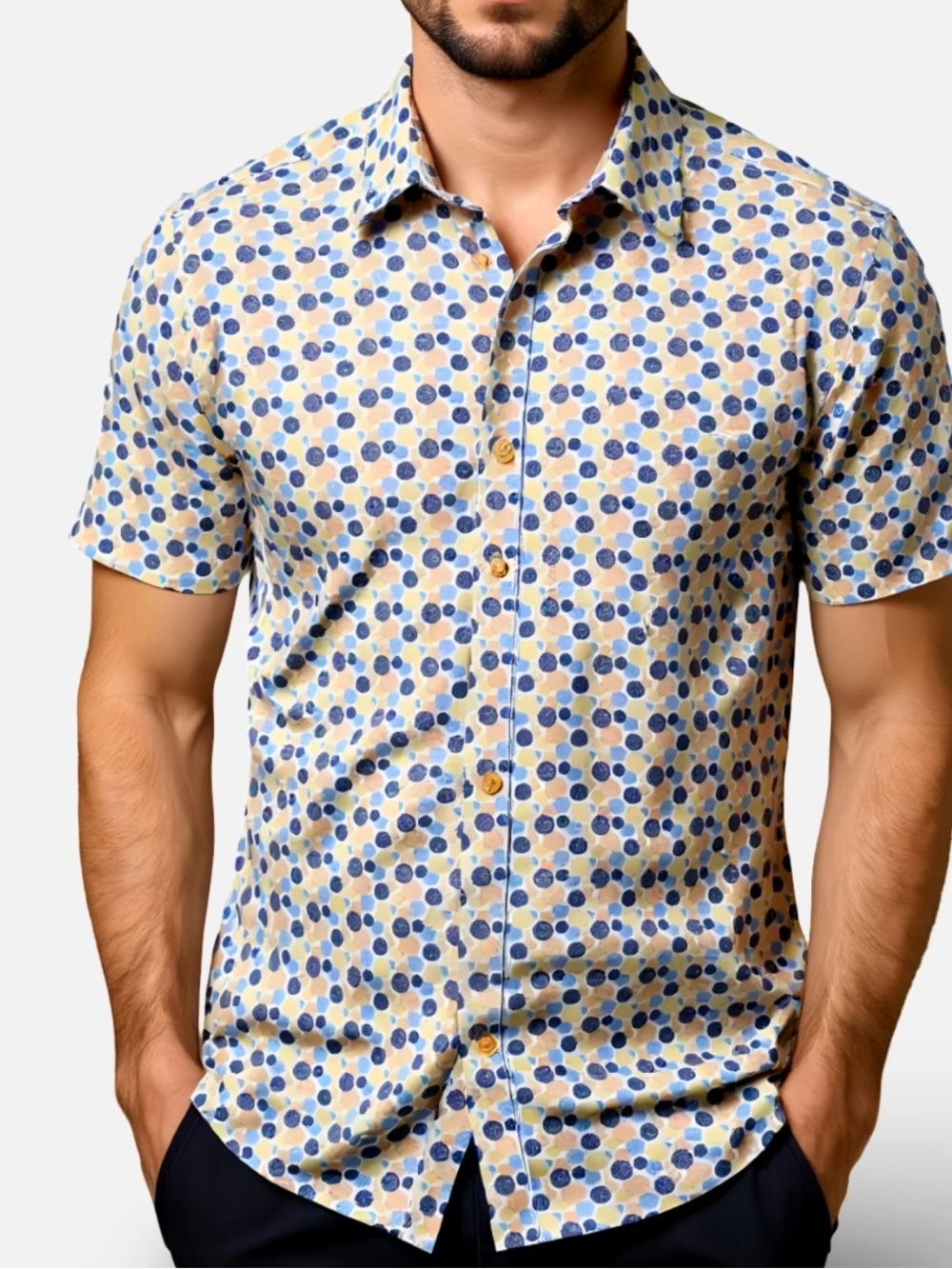 Luchiano Visconti size Lcasual Short-Sleeve Button-Down Shirt in Beige